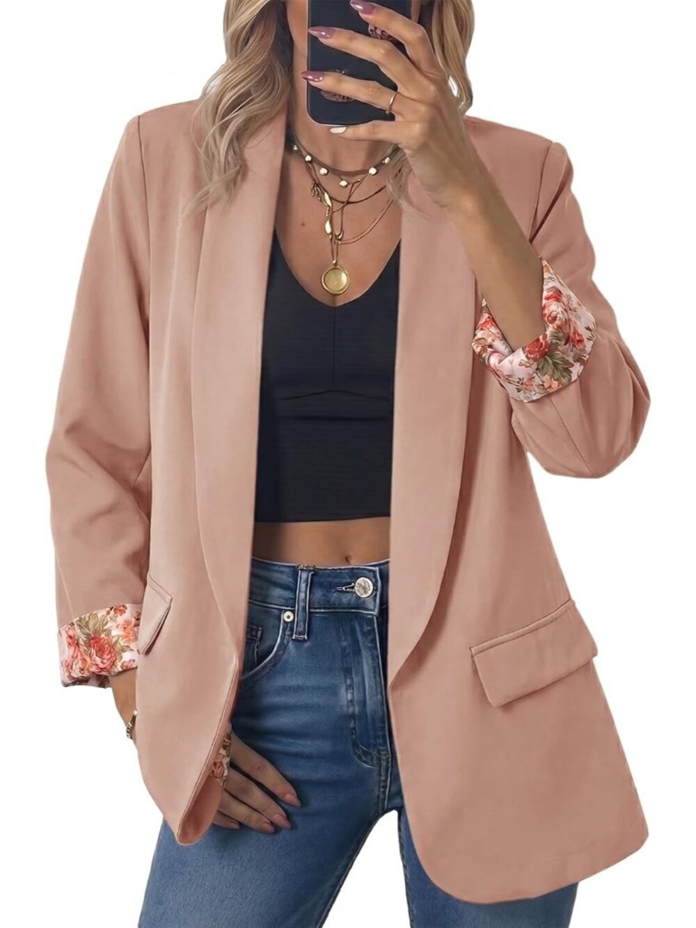 Women's Peach Oversized Open Front Shawl Collar Floral Cuff Classic Suit Jacket
